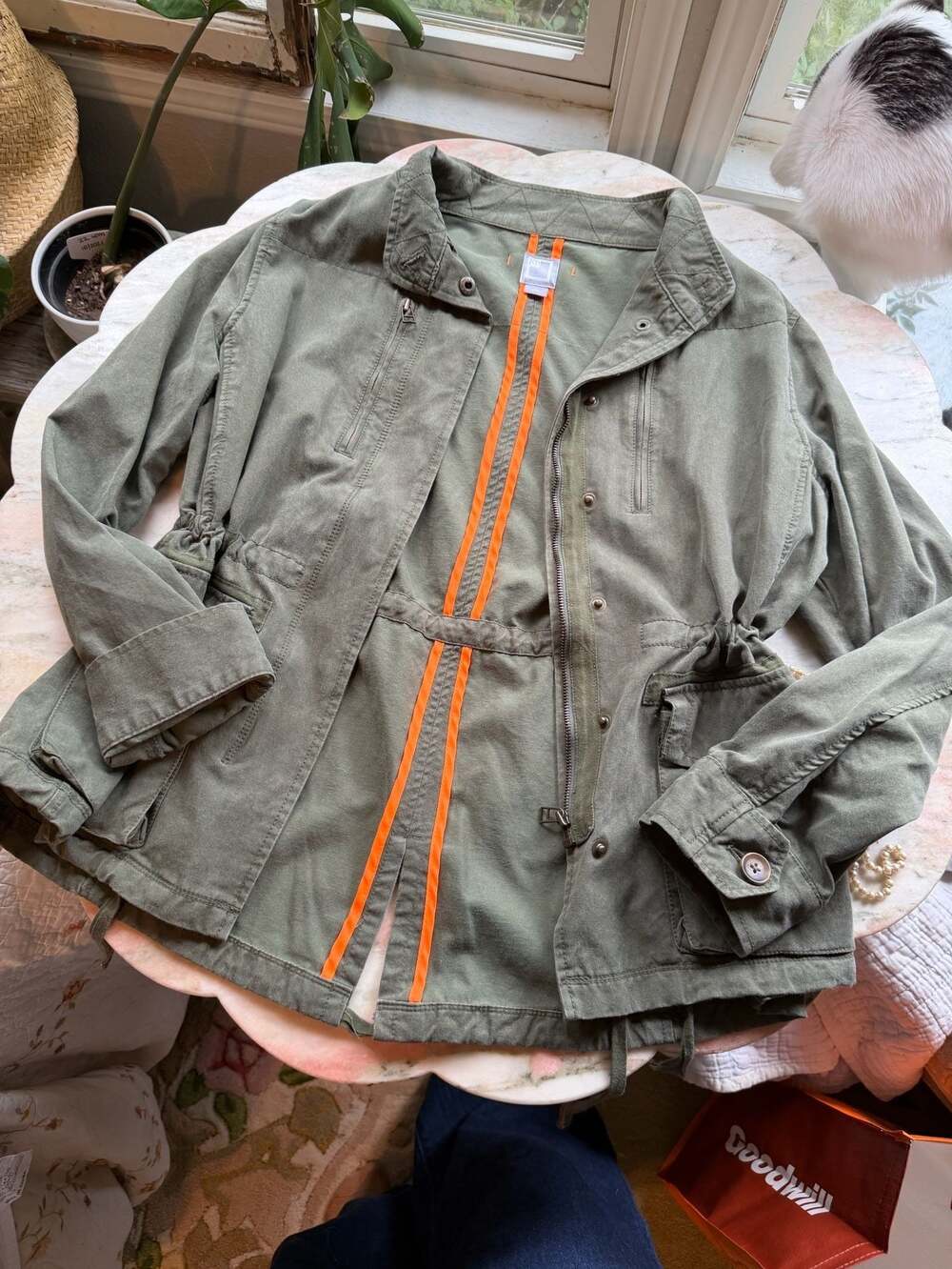 jcp JCPenney Women's Olive Green Utility Field Jacket with Orange Piping Detail